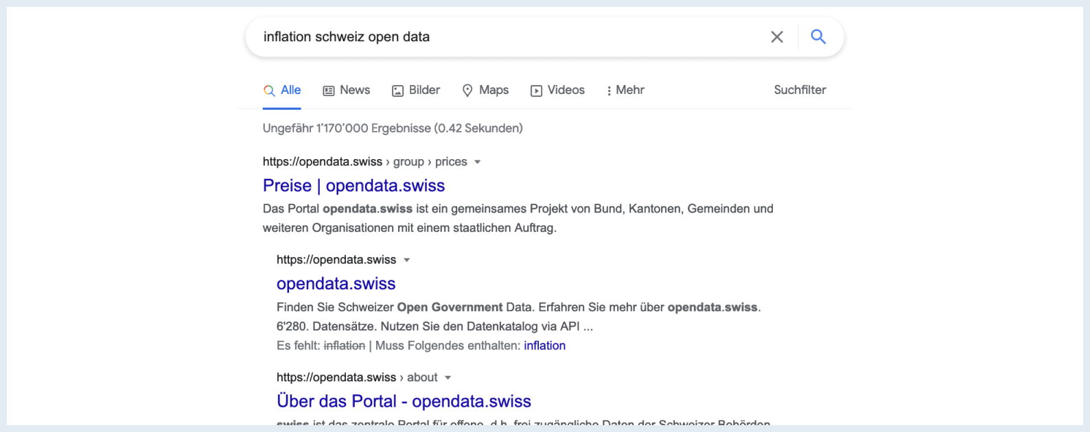 Google findet Inhalte von opendata.swiss in der Regel nur, wenn explizit mit "open data" gesucht wird.
